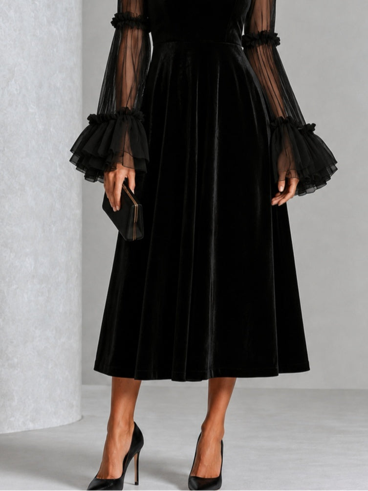 Bénédicte | Robe midi plissée en velours et mesh