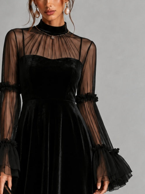 Bénédicte | Robe midi plissée en velours et mesh
