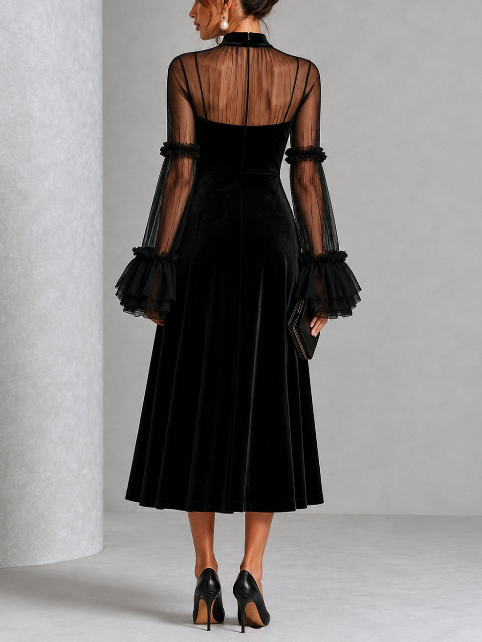 Bénédicte | Robe midi plissée en velours et mesh