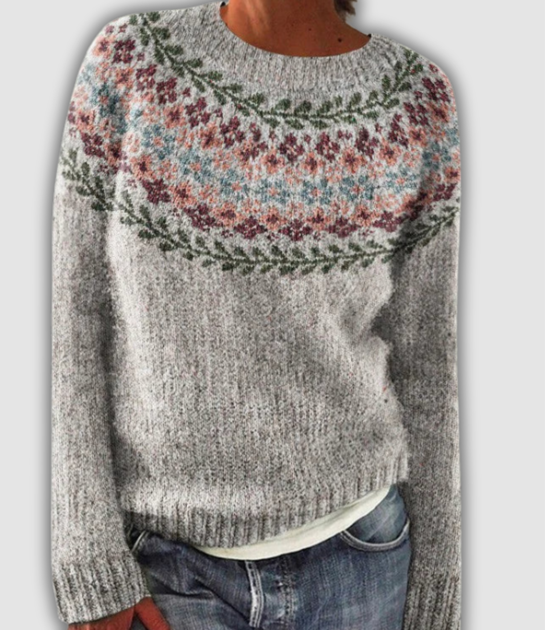 Alénie | Pull gris chiné à guirlandes fleuries