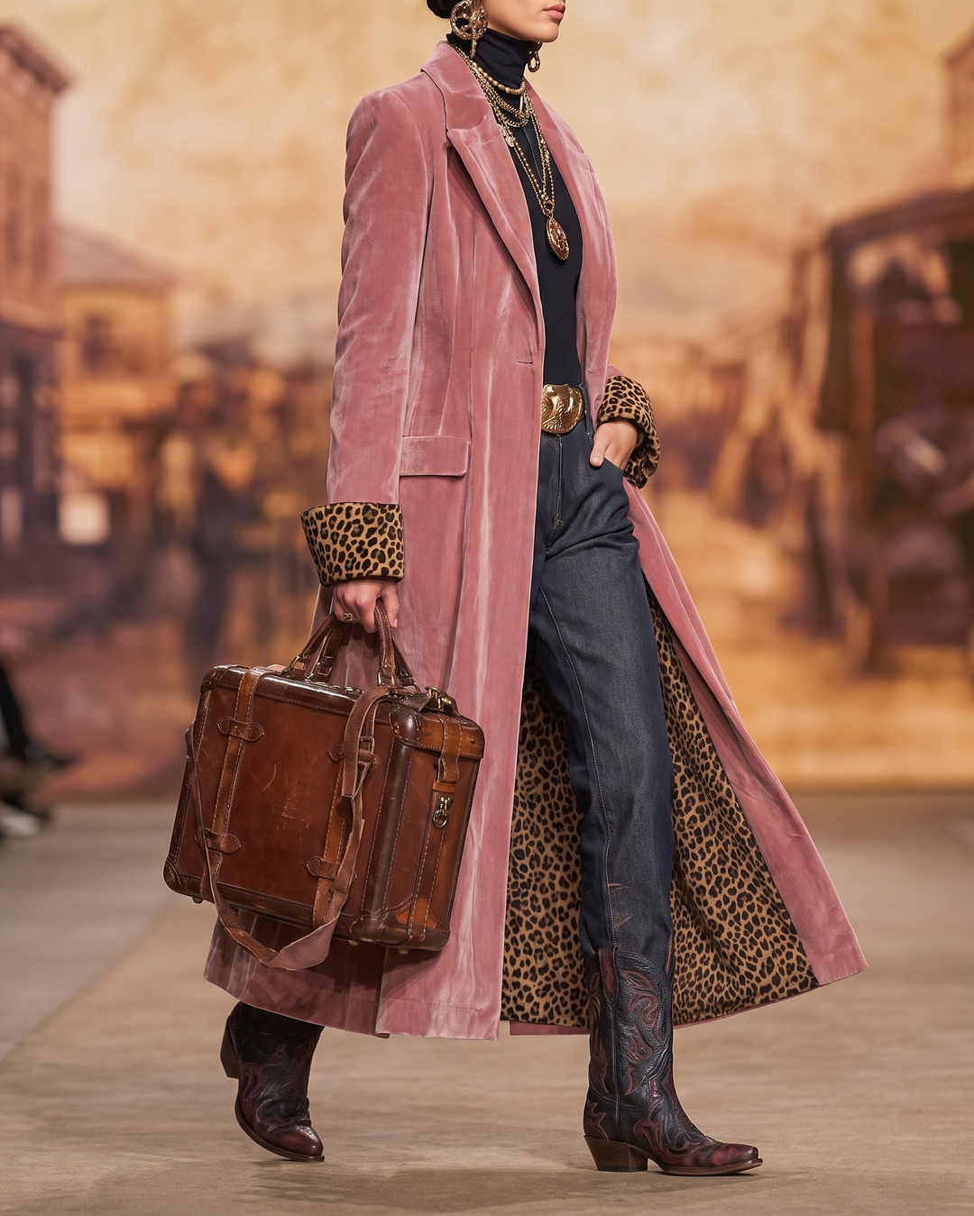 Armance | Manteau long effet velours à poignets léopard