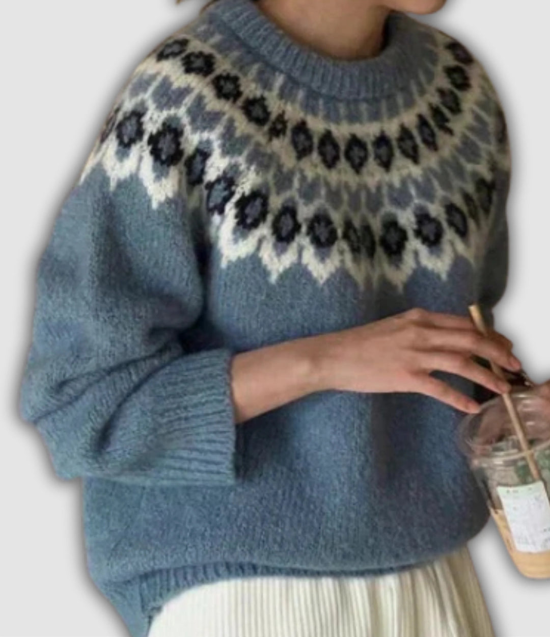 Arsinoé | Pull bleu gris à empiècement jacquard fleuri