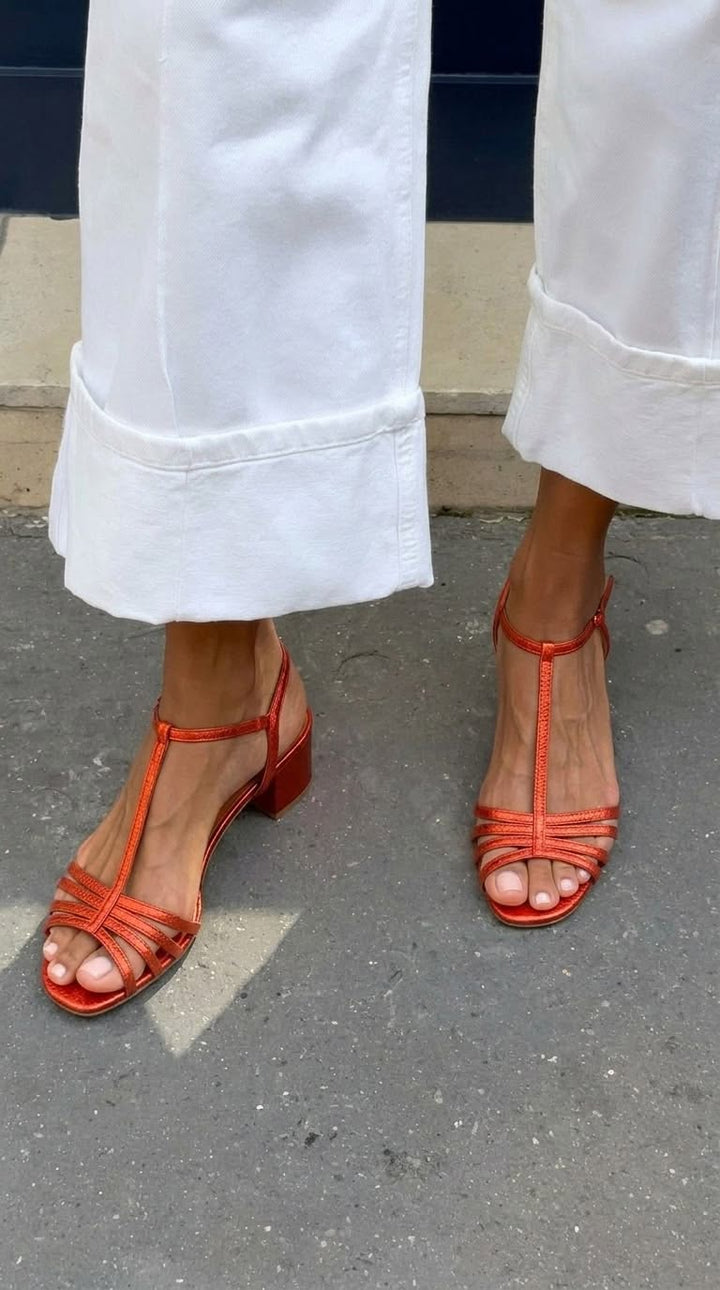 Sandales métalliques avec boucle, bride en T et talon bloc