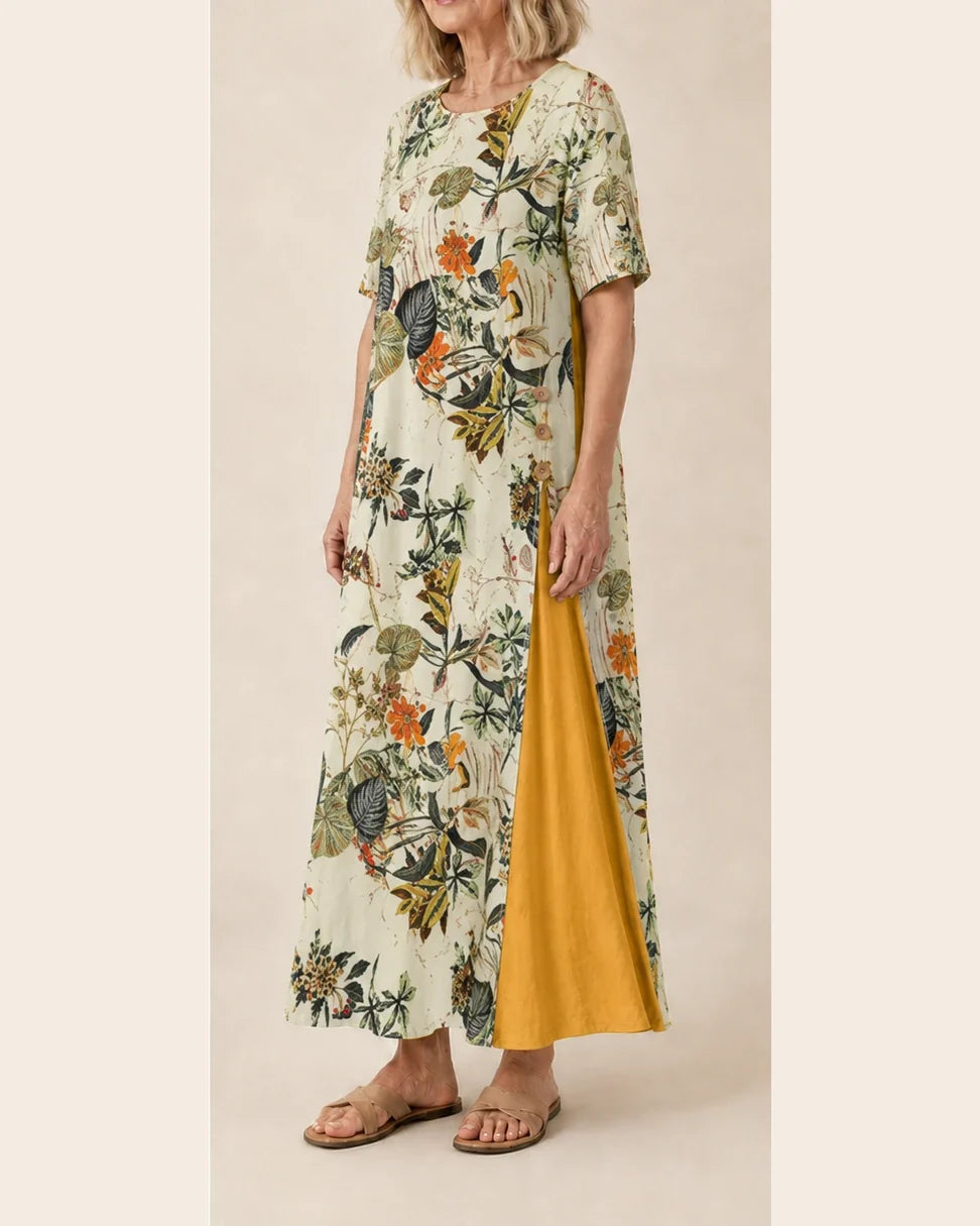Maurene – Imprimé floral botanique | Robe longue décontractée effet lin