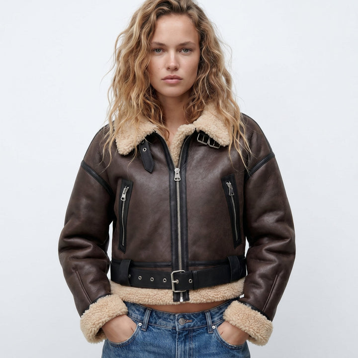 Élisabeth | Blouson aviateur court à col effet peluche