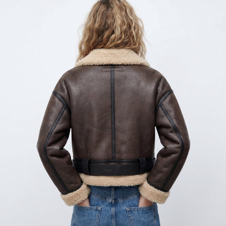 Élisabeth | Blouson aviateur court à col effet peluche