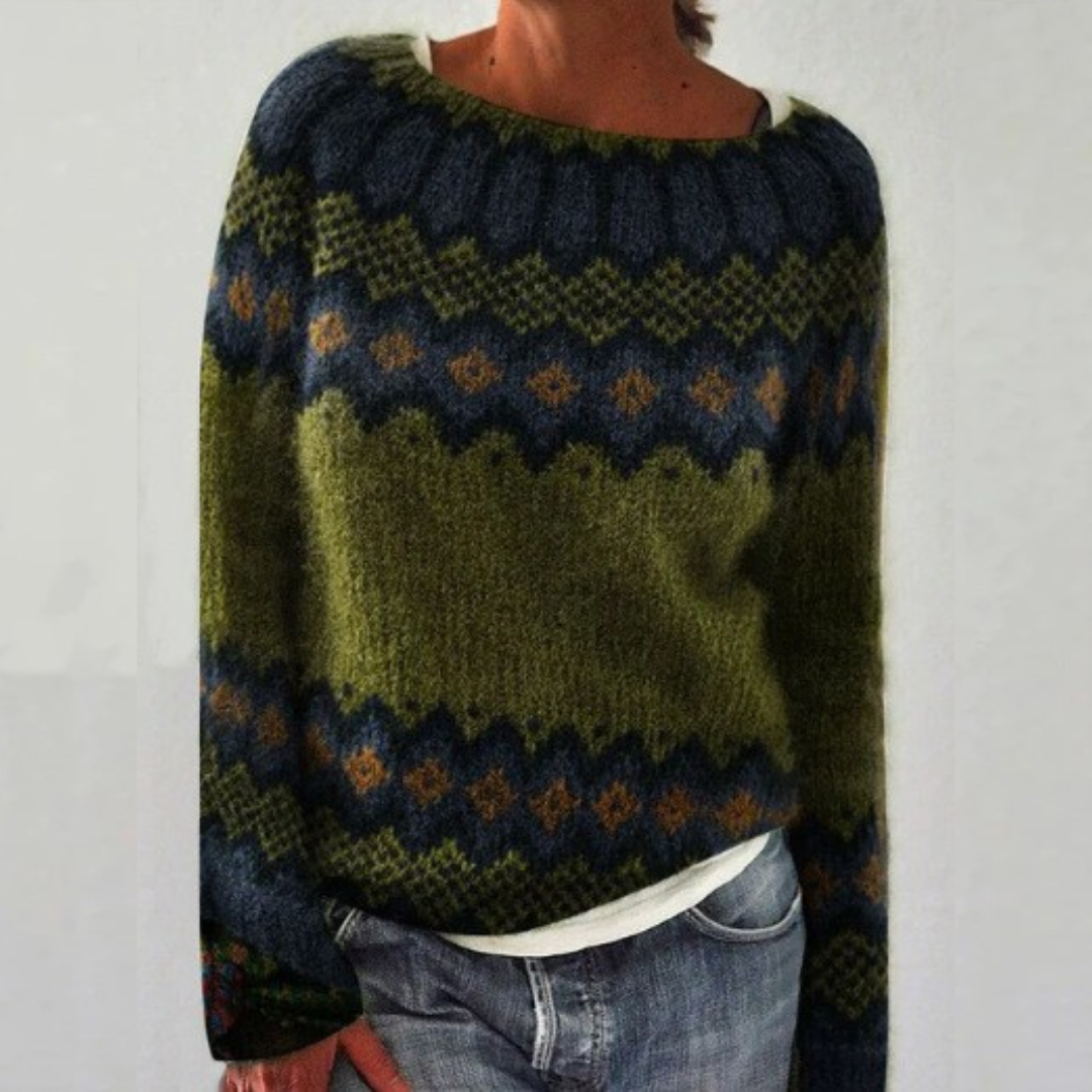 Esclarmonde | Pull à bandes géométriques olive et bleu nuit