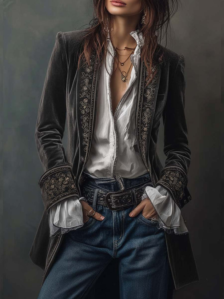Athénaïs | Veste Longue Brodée Vintage Bleu Marine