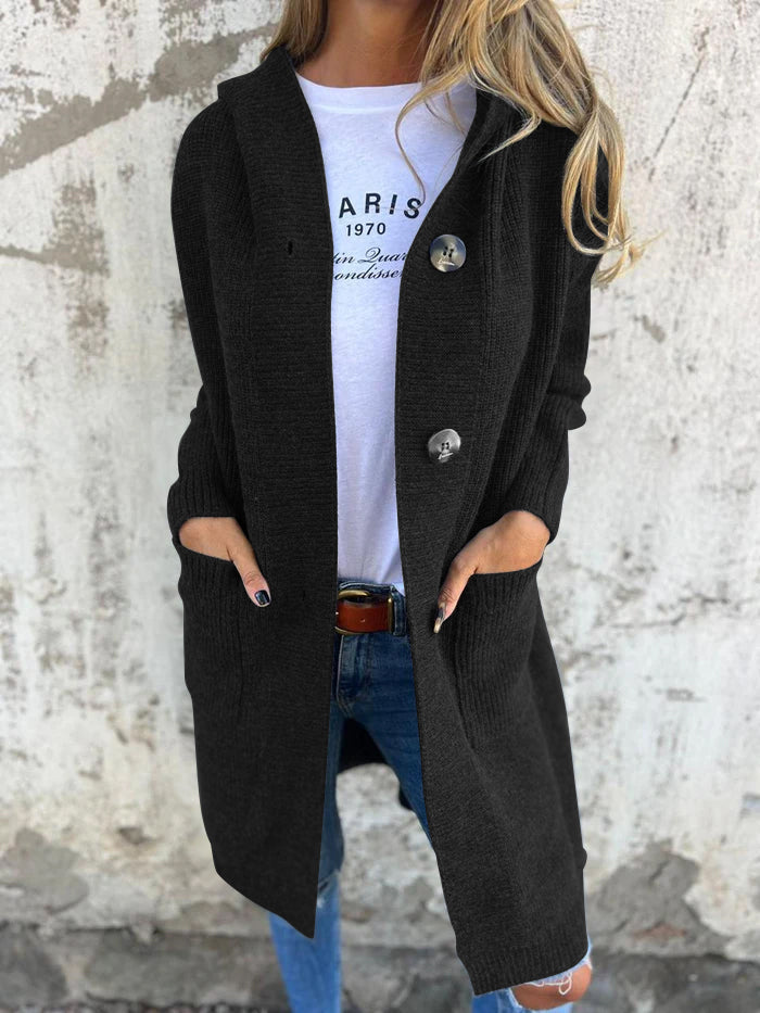 Gwenola | Cardigan long à capuche et gros boutons