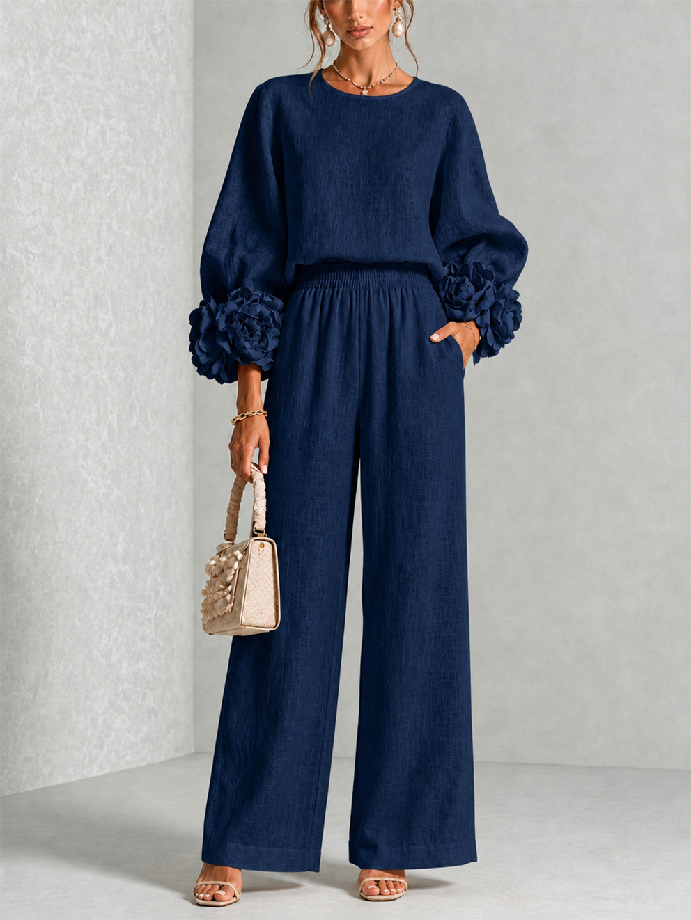 Hélianthe | Ensemble haut et pantalon large à manchettes fleuries