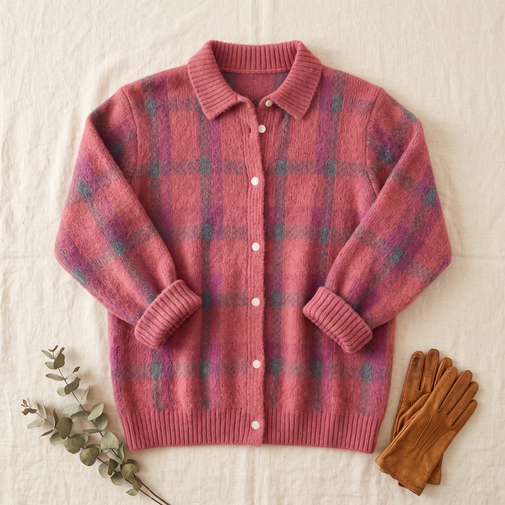 Isaure | Cardigan en maille à carreaux rose
