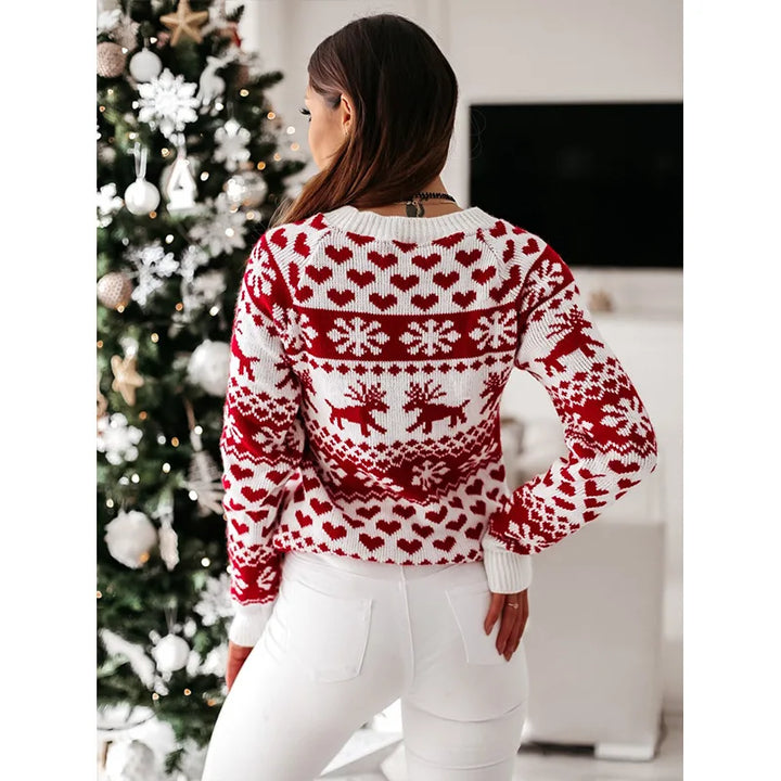 Idelette | Pull de Noël jacquard à rennes et cœurs