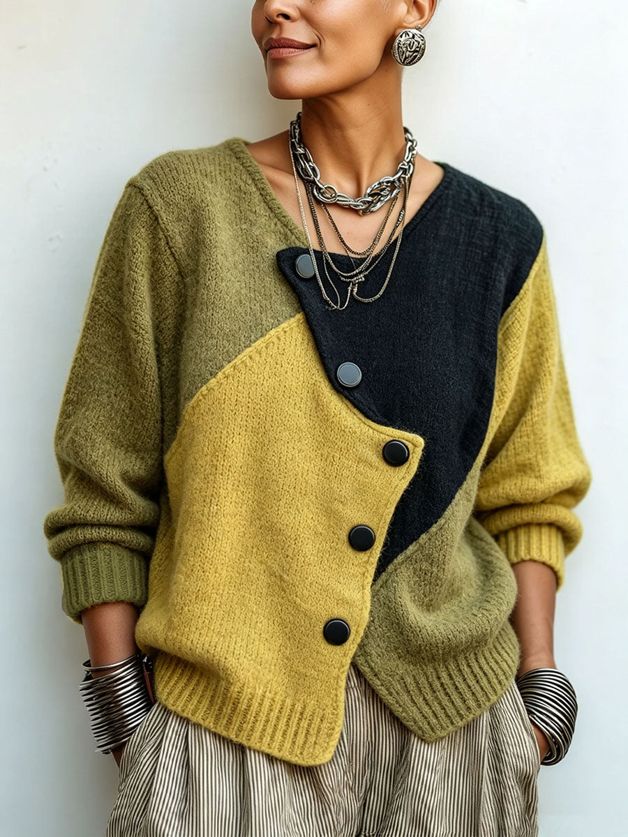 Ilinca | Cardigan asymétrique tricolore à gros boutons