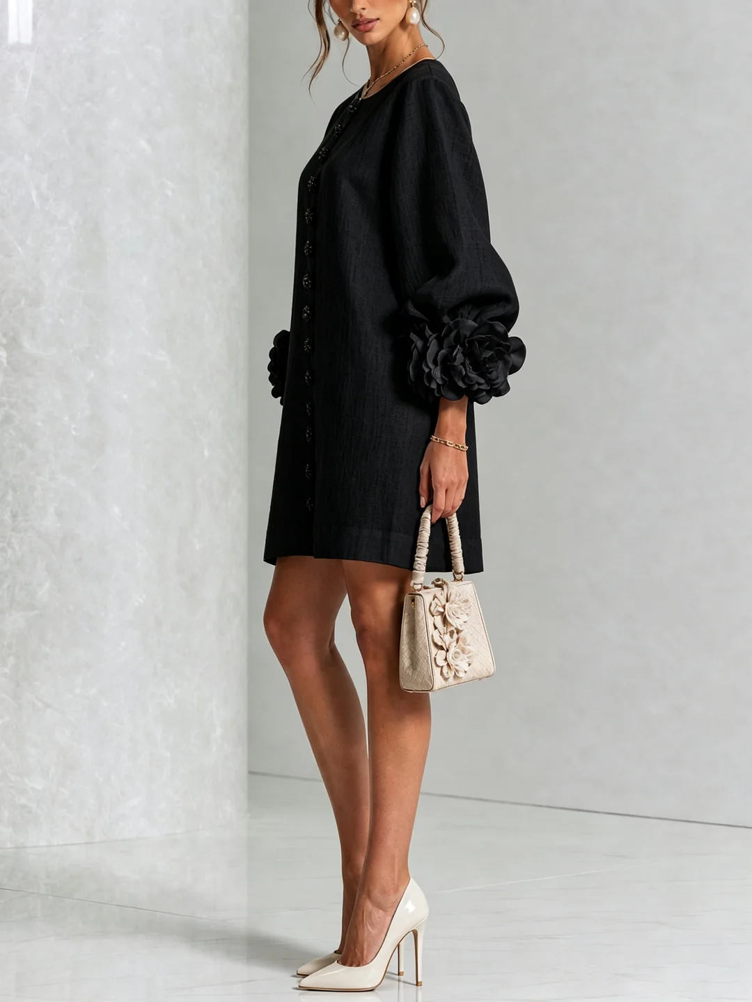 Brune | Robe courte en lin mélangé à manches bouffantes