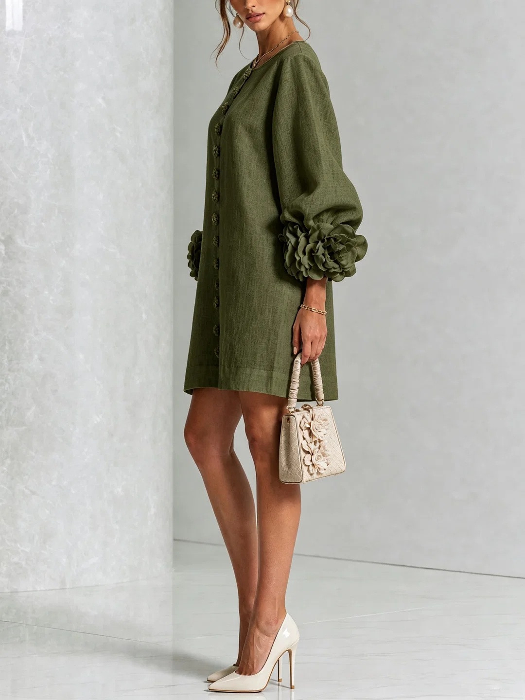 Brune | Robe courte en lin mélangé à manches bouffantes