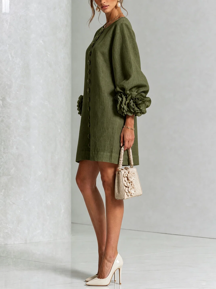 Brune | Robe courte en lin mélangé à manches bouffantes