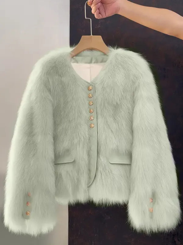Angèle | Veste courte effet fourrure à boutons dorés