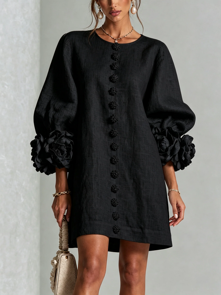 Brune | Robe courte en lin mélangé à manches bouffantes