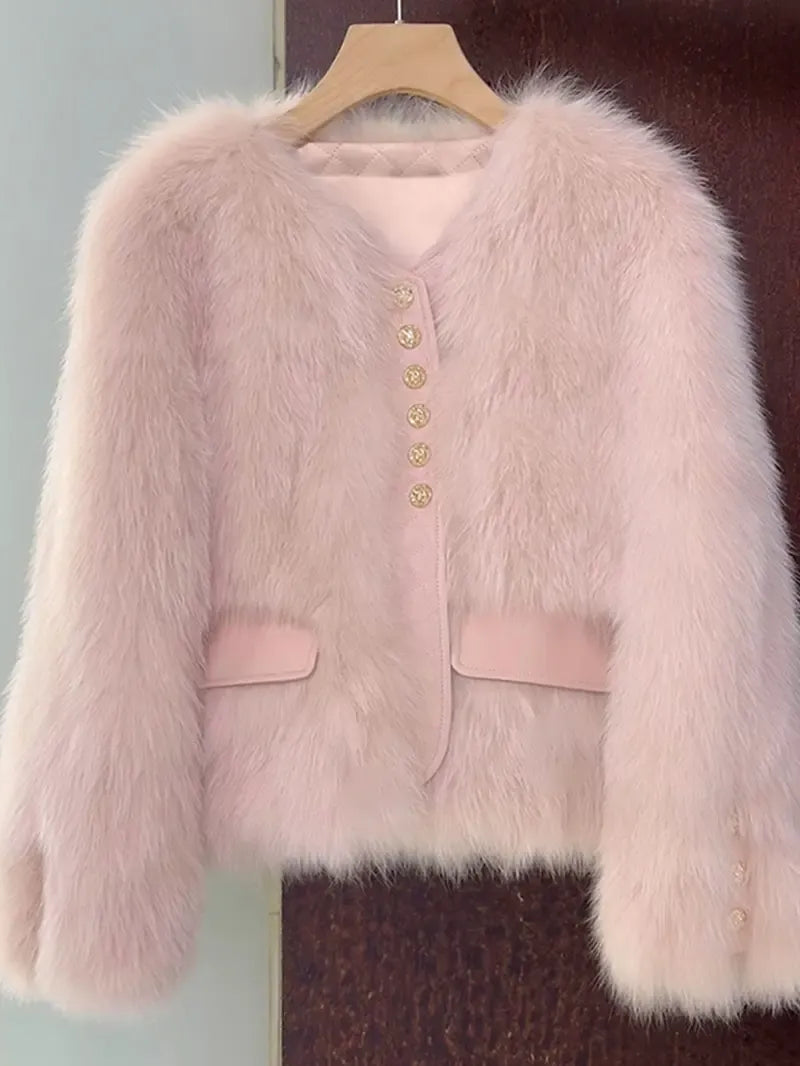 Angèle | Veste courte effet fourrure à boutons dorés