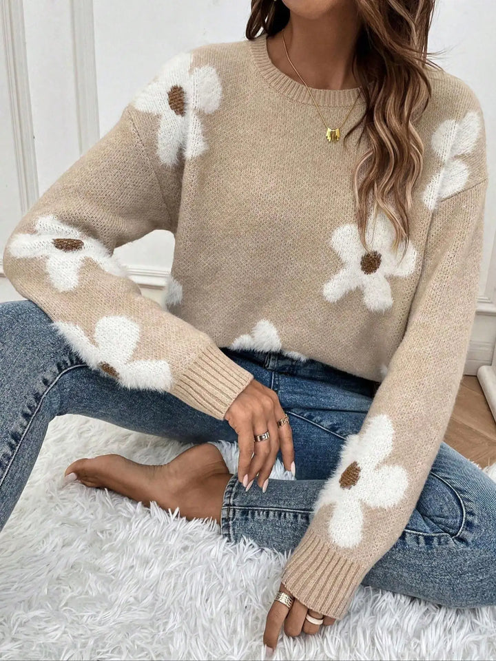 Kenza | Pull en maille à fleurs blanches