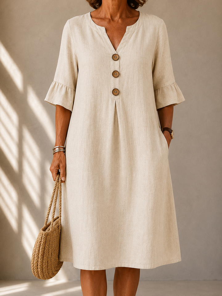 Lina | Robe fluide en coton et lin à boutons et pli creux