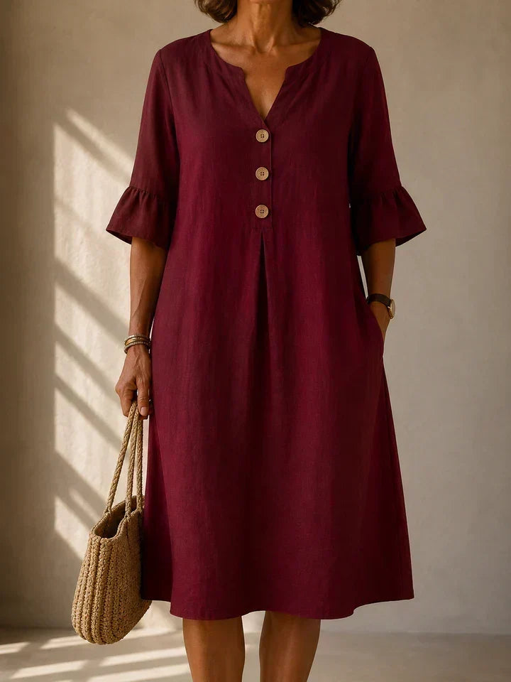 Lina | Robe fluide en coton et lin à boutons et pli creux
