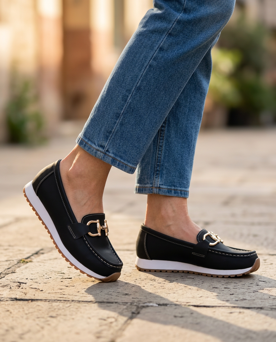 Muriel | Mocassins confort à mors doré et semelle blanche