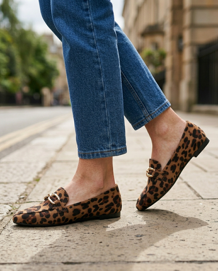 Jocelyne | Mocassins en daim léopard à mors doré