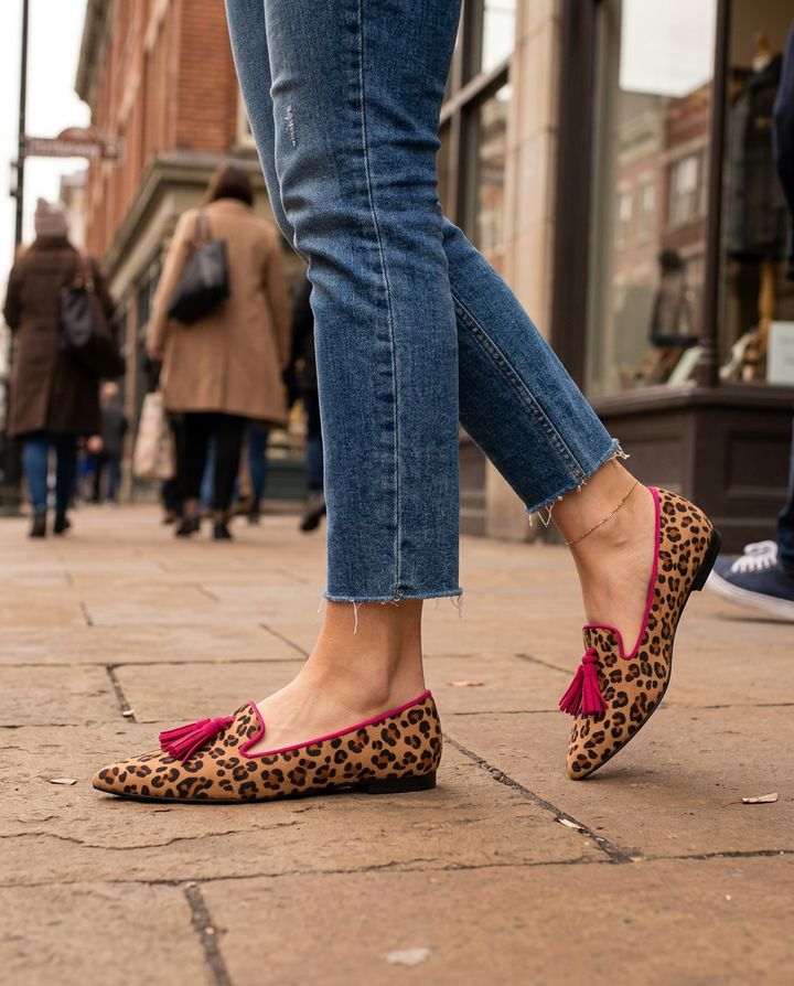 Gwendoline | Mocassins pointus léopard effet daim à pampilles fuchsia