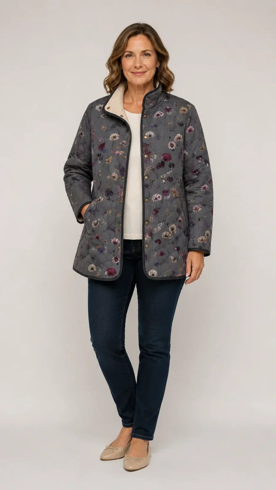 Aude | Manteau matelassé gris à imprimé floral vintage