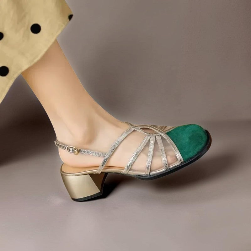Perline | Sandales à brides dorées et bout effet daim