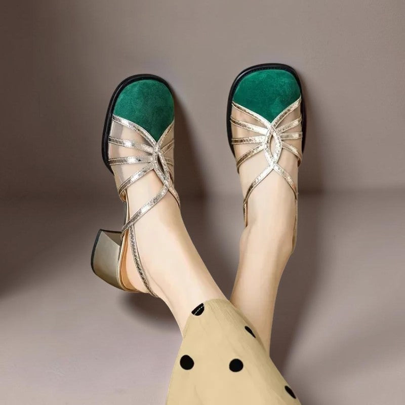 Perline | Sandales à brides dorées et bout effet daim