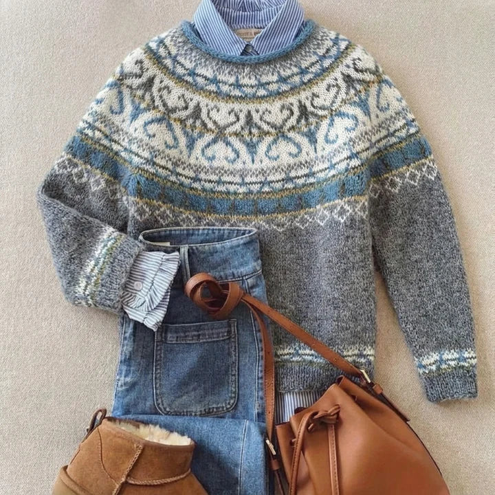 Romilda | Pull nordique gris à empiècement blanc et bleu